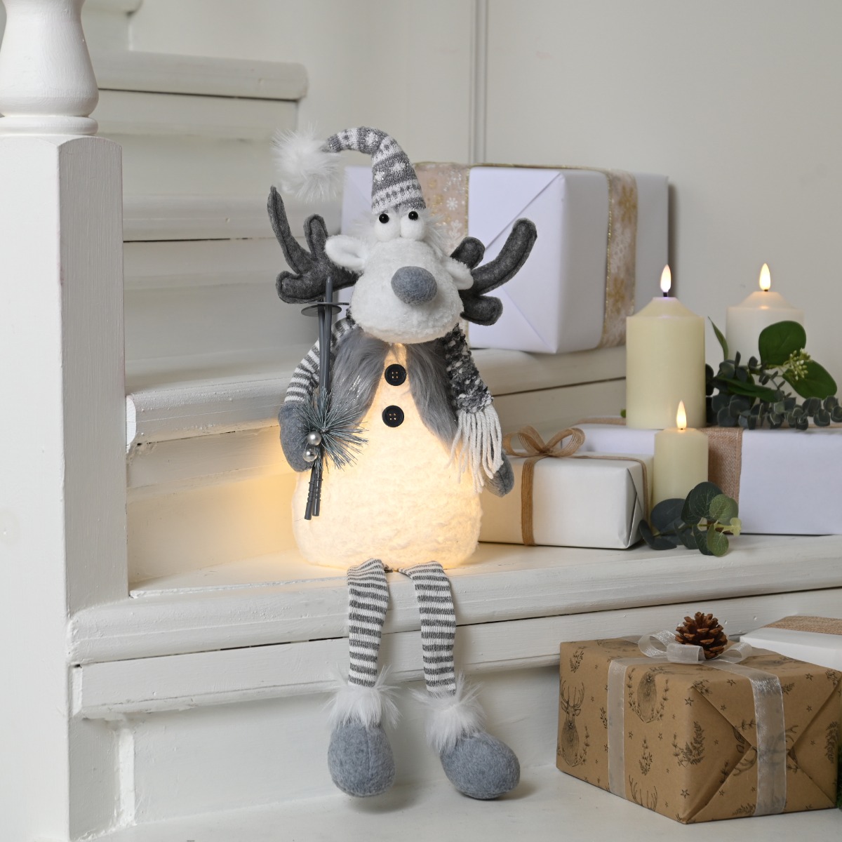 Led Light Sitting Dangly Legs Grey Reindeer - Christmas Decoration