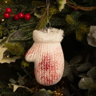 White Glass Mitten With Red Glitter - Christmas Decoration
