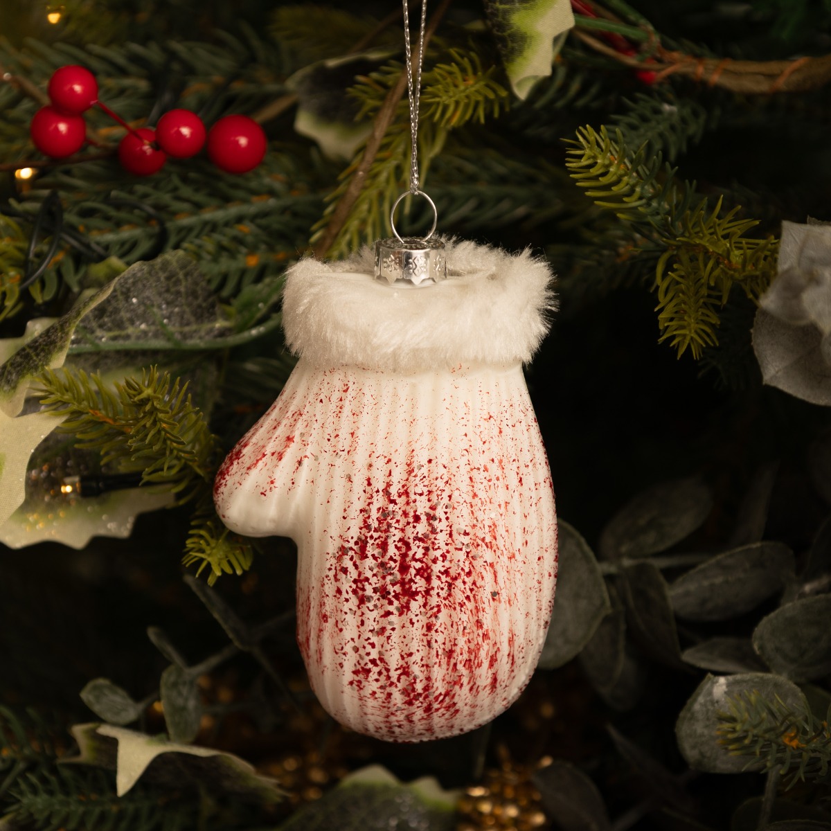 White Glass Mitten With Red Glitter - Christmas Decoration