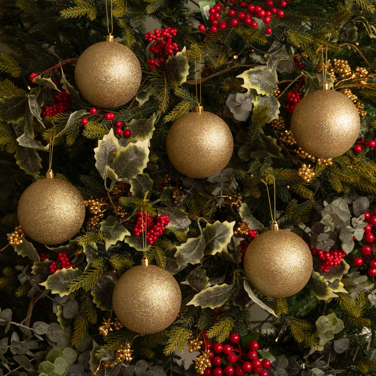 Champagne Gold Glitter Baubles - Pack of 6 - Christmas Tree Decoration