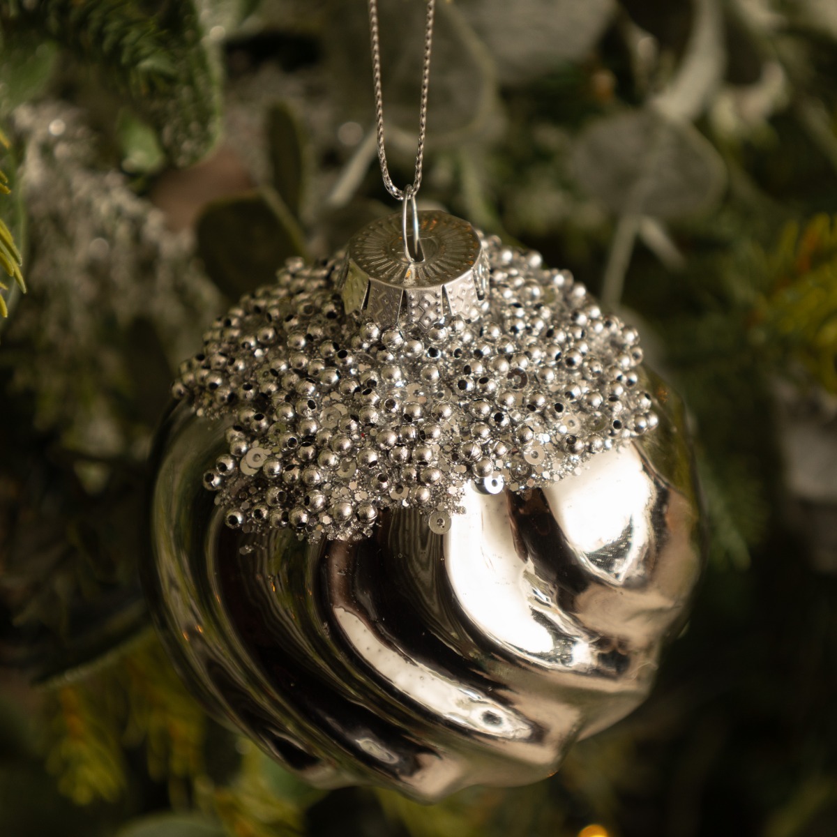 Gunmetal Grey Glass Swirl Bauble - Christmas Tree Decoration