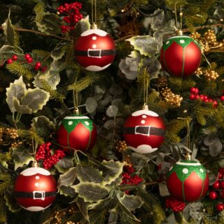 Assorted Red Santa And Elf Design Baubles - Pack of 12 - Christmas Tree Decoration