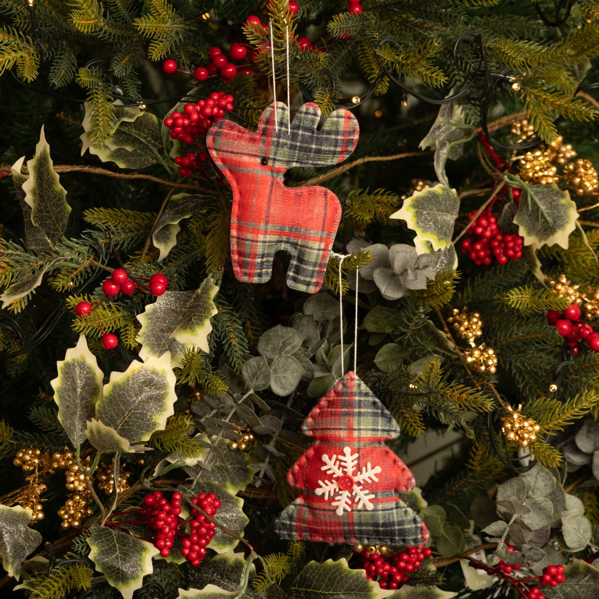 Red And Green Tartan Shapes - Christmas Tree Decoration - Pack of 2