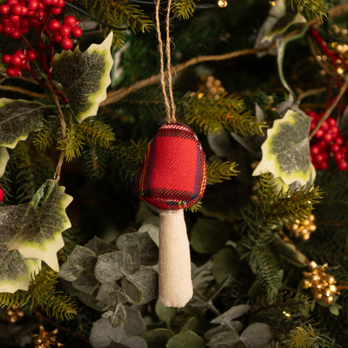 Tartan Fabric Mushroom - Christmas Tree Decoration