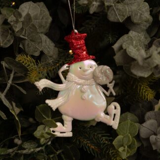 White Iridescent Snowman With Red Hat - Christmas Decoration