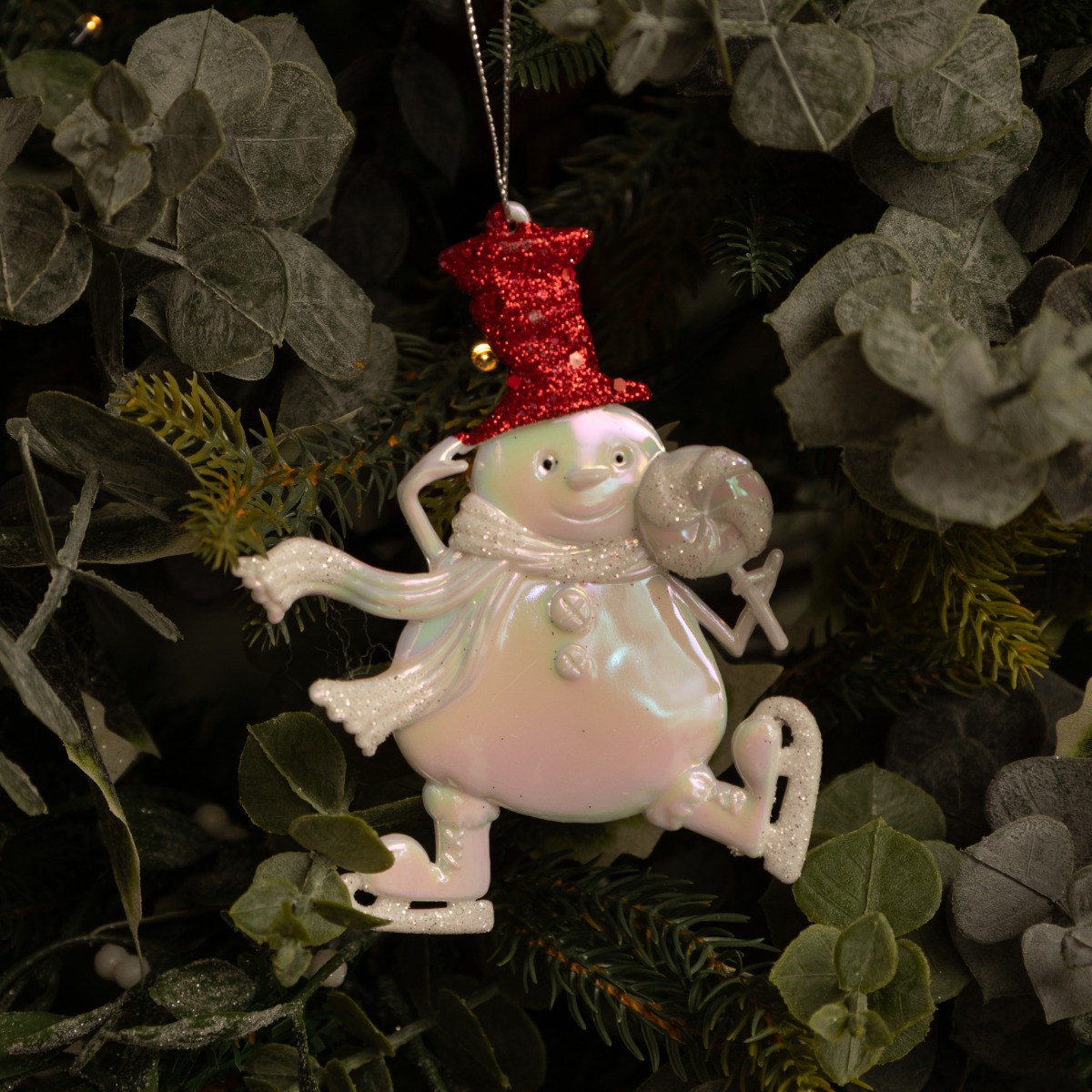 White Iridescent Snowman With Red Hat - Christmas Decoration