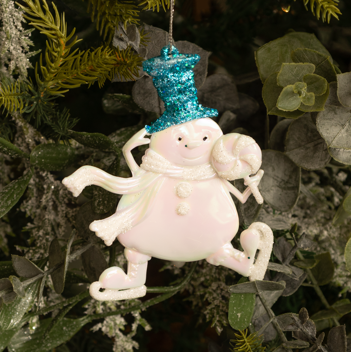 White Iridescent Snowman With Blue Hat - Christmas Tree Decoration