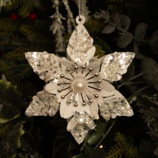 Wooden White Glitter Snowflake With Pearl - Christmas Tree Decoration