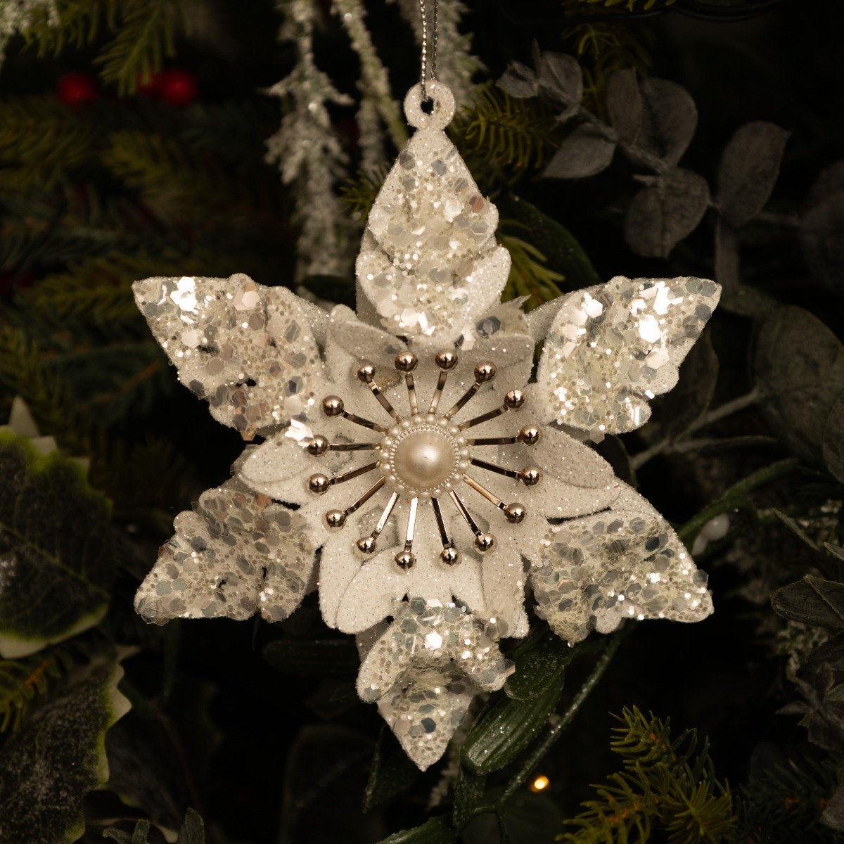 Wooden White Glitter Snowflake With Pearl - Christmas Tree Decoration