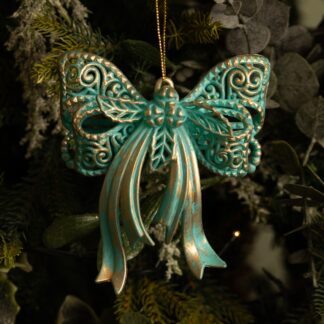 Duck Egg Blue With Wash Gold Bow - Christmas Tree Decoration