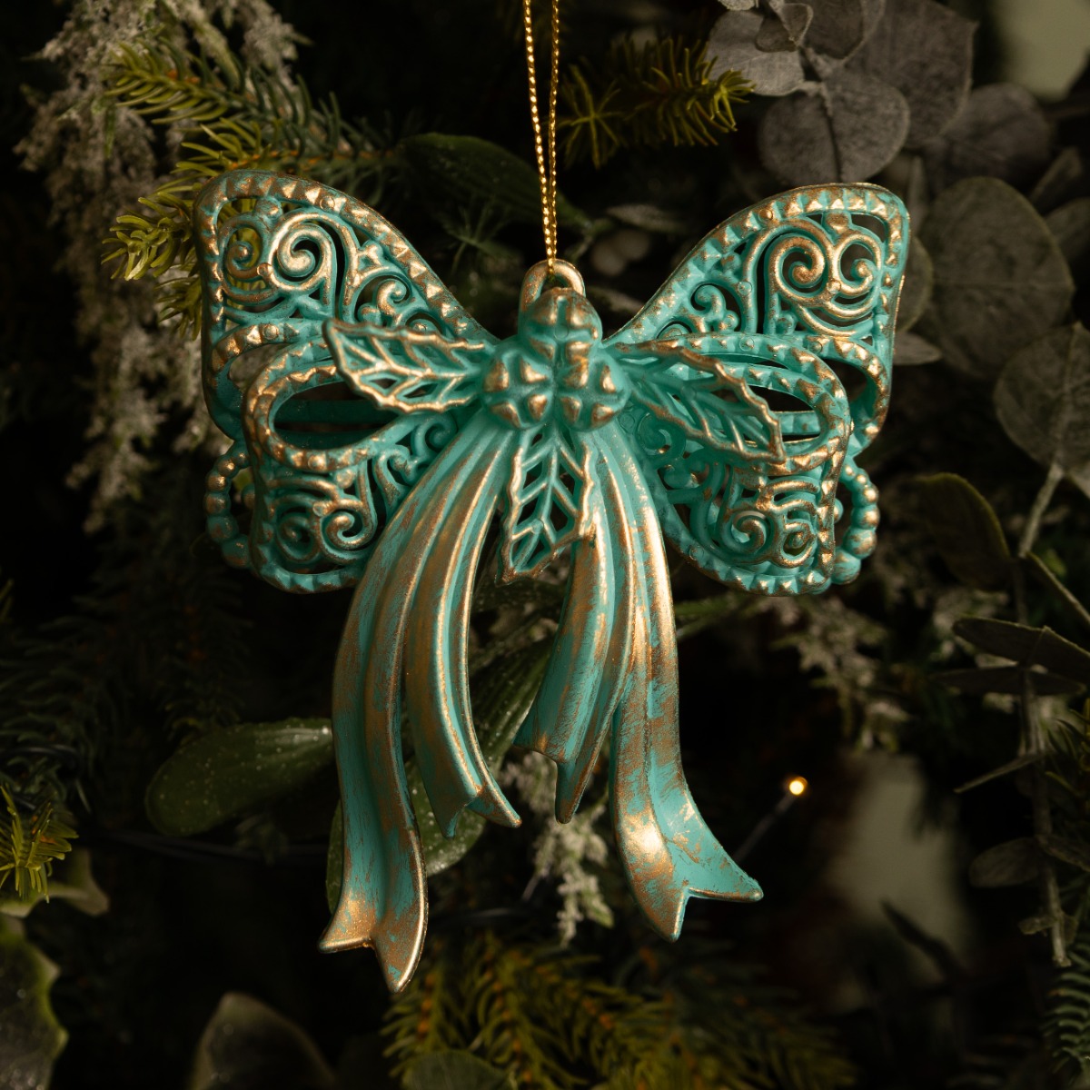 Duck Egg Blue With Wash Gold Bow - Christmas Tree Decoration