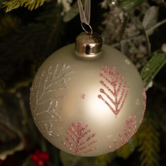Matte White With Red Twig Tree Glass Bauble - Christmas Tree Decoration