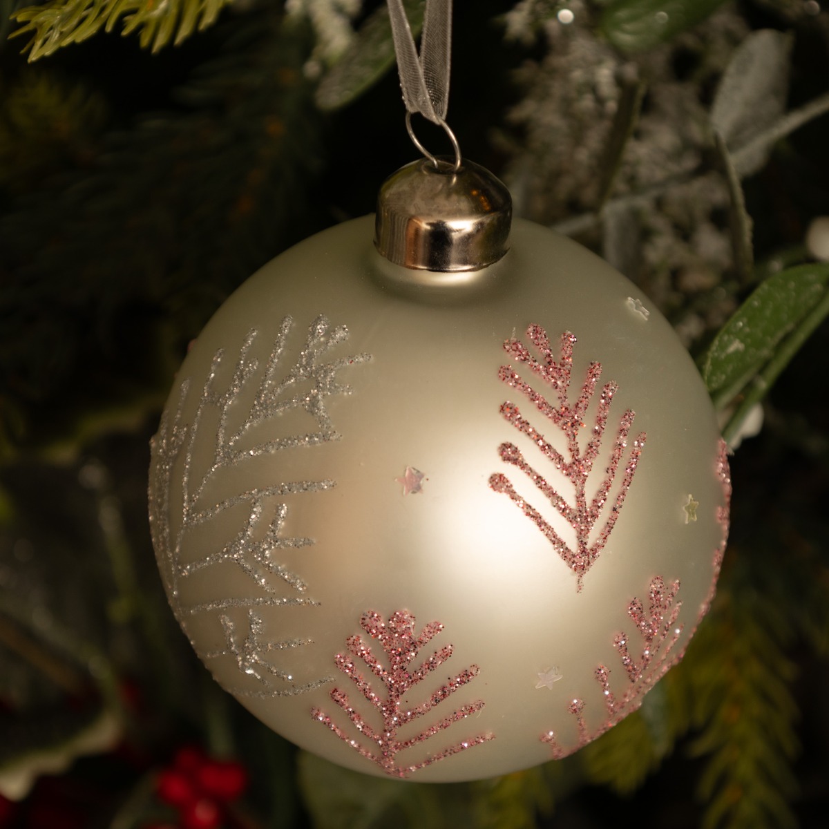 Matte White With Red Twig Tree Glass Bauble - Christmas Tree Decoration