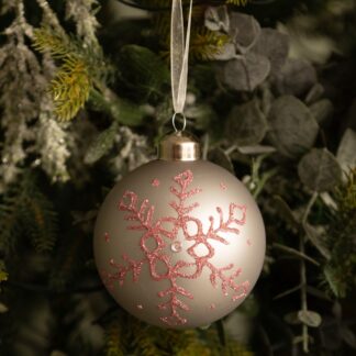 Matte Grey With Glitter Snowflake Glass Bauble - Christmas Tree Decoration