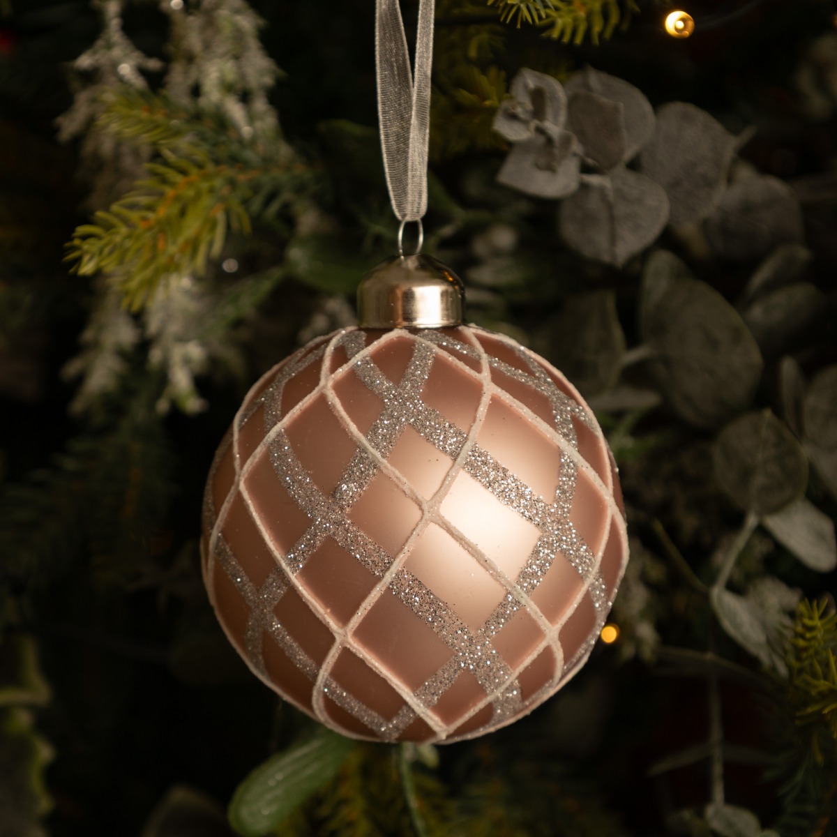 Matte Pink Glass Bauble With Silver Tartan Design - Christmas Tree Decoration