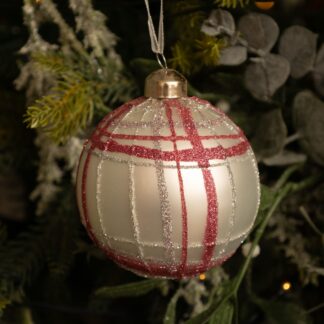 Matt Silver And Blush Pink Tartan Glass Bauble - Christmas Tree Decoration