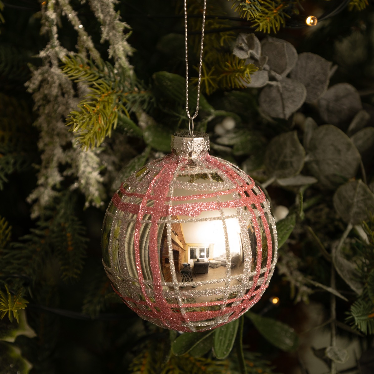 Silver And Blush Pink Tartan Glass Bauble - Christmas Tree Decoration