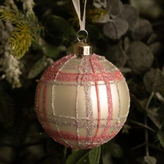 Matte Grey Glass Bauble With Blush Pink Tartan - Christmas Tree Decoration