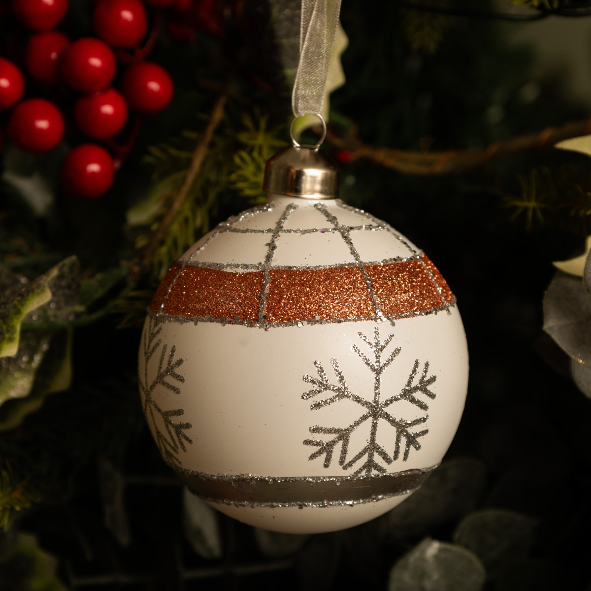 Matte White Bauble With Grey And Pink Band - Christmas Tree Decoration