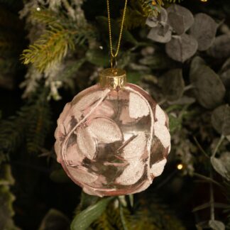 Clear With Pink Leaf Glass Bauble - Christmas Tree Decoration