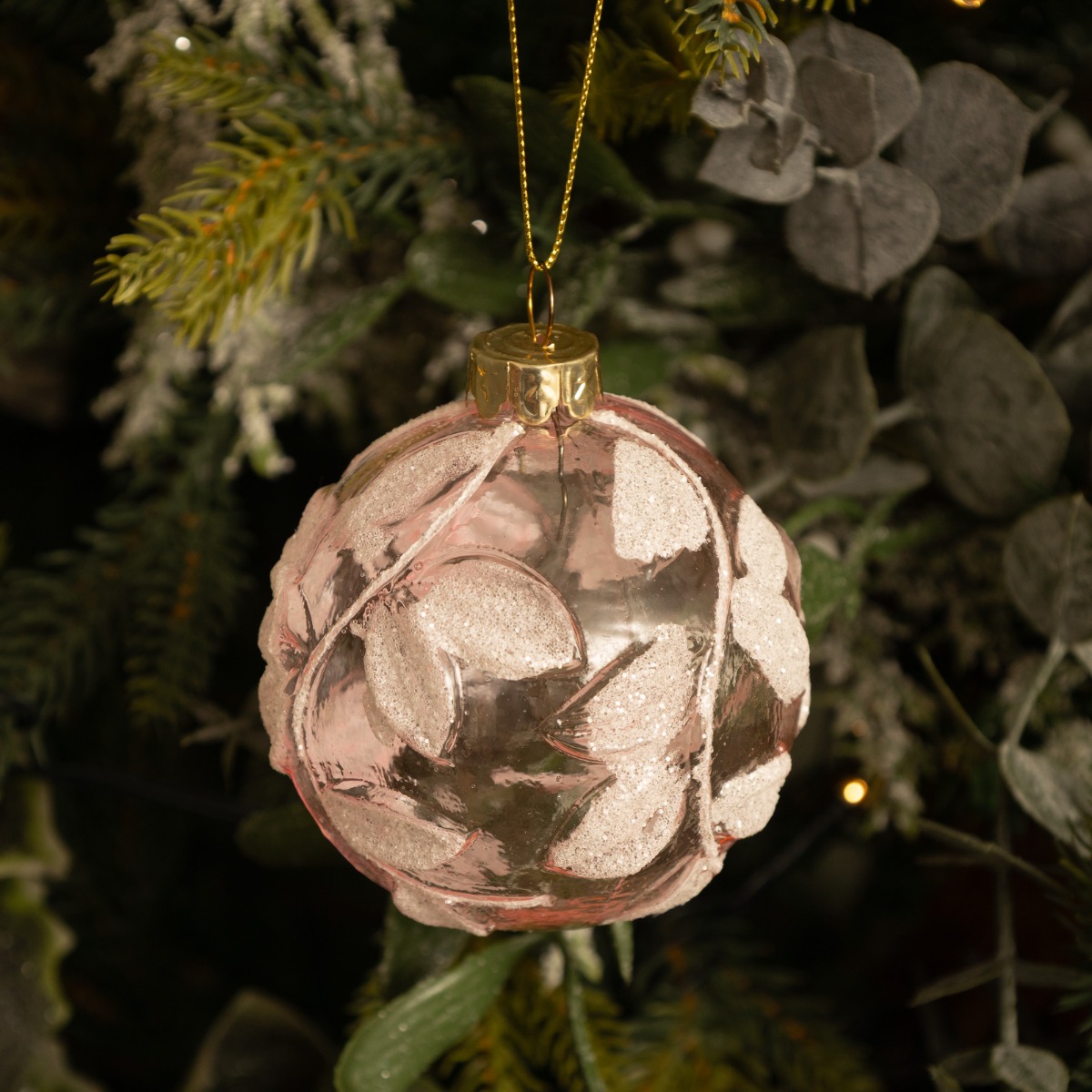 Clear With Pink Leaf Glass Bauble - Christmas Tree Decoration