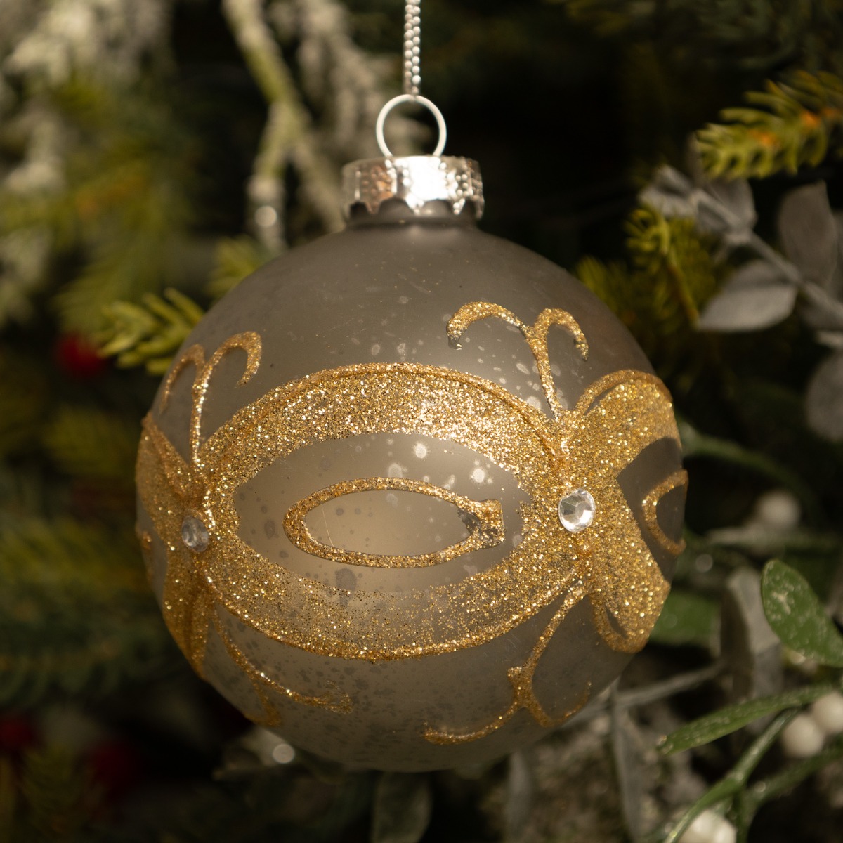 Silver Gold With Glitter Lines Glass Bauble - Christmas Tree Decoration