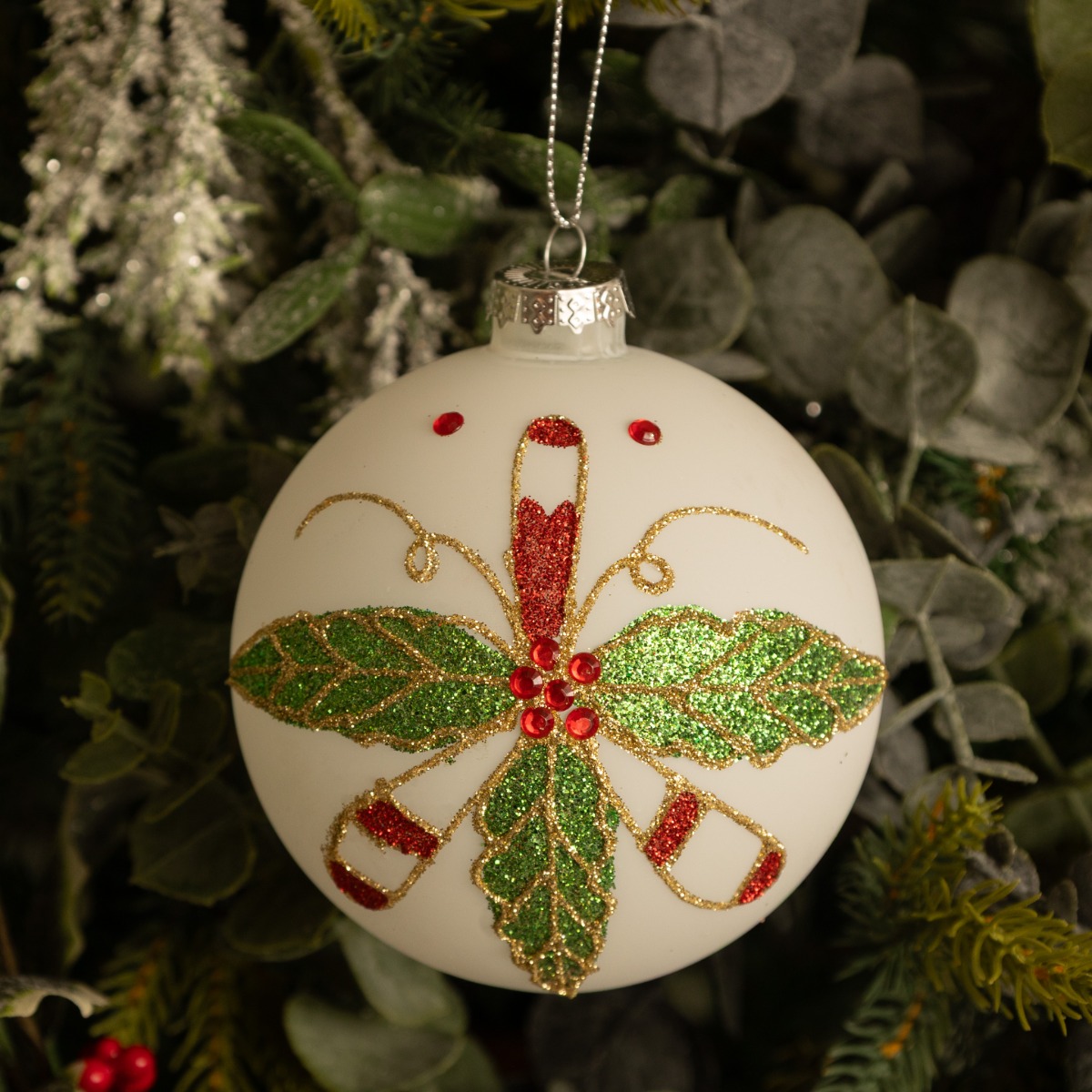 Candy Cane Glass Bauble With Green Holly Leaf Design - Christmas Decoration