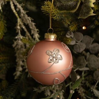 Pink With Silver Glitter Flowers Glass Bauble - Christmas Tree Decoration