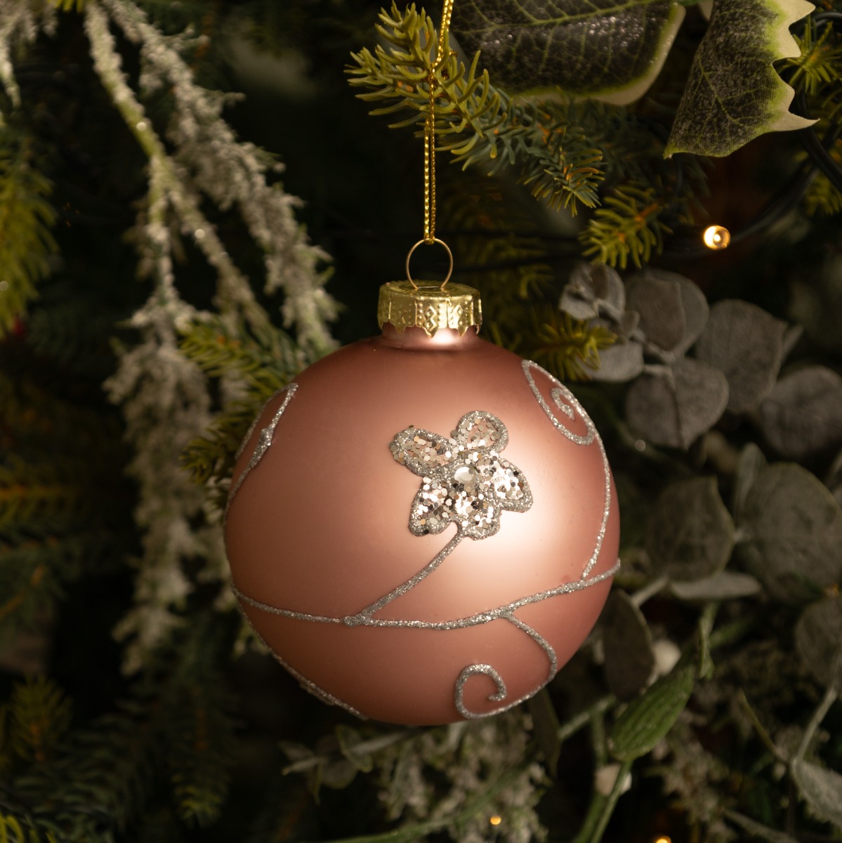 Pink With Silver Glitter Flowers Glass Bauble - Christmas Tree Decoration