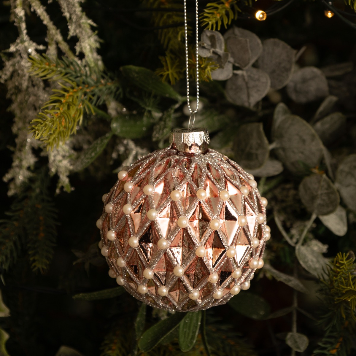 Rose Gold With White White Gems Hexagon Glass Bauble - Christmas Tree Decoration