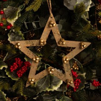Metal Rust Effect Star With Gold Bells - Christmas Decoration