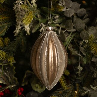 Flocked Grey Segment Glass Olive Bauble - Christmas Tree Decoration