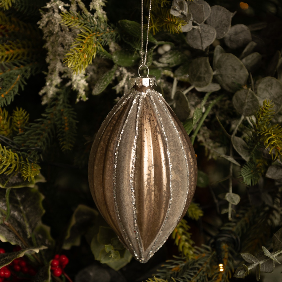 Flocked Grey Segment Glass Olive Bauble - Christmas Tree Decoration