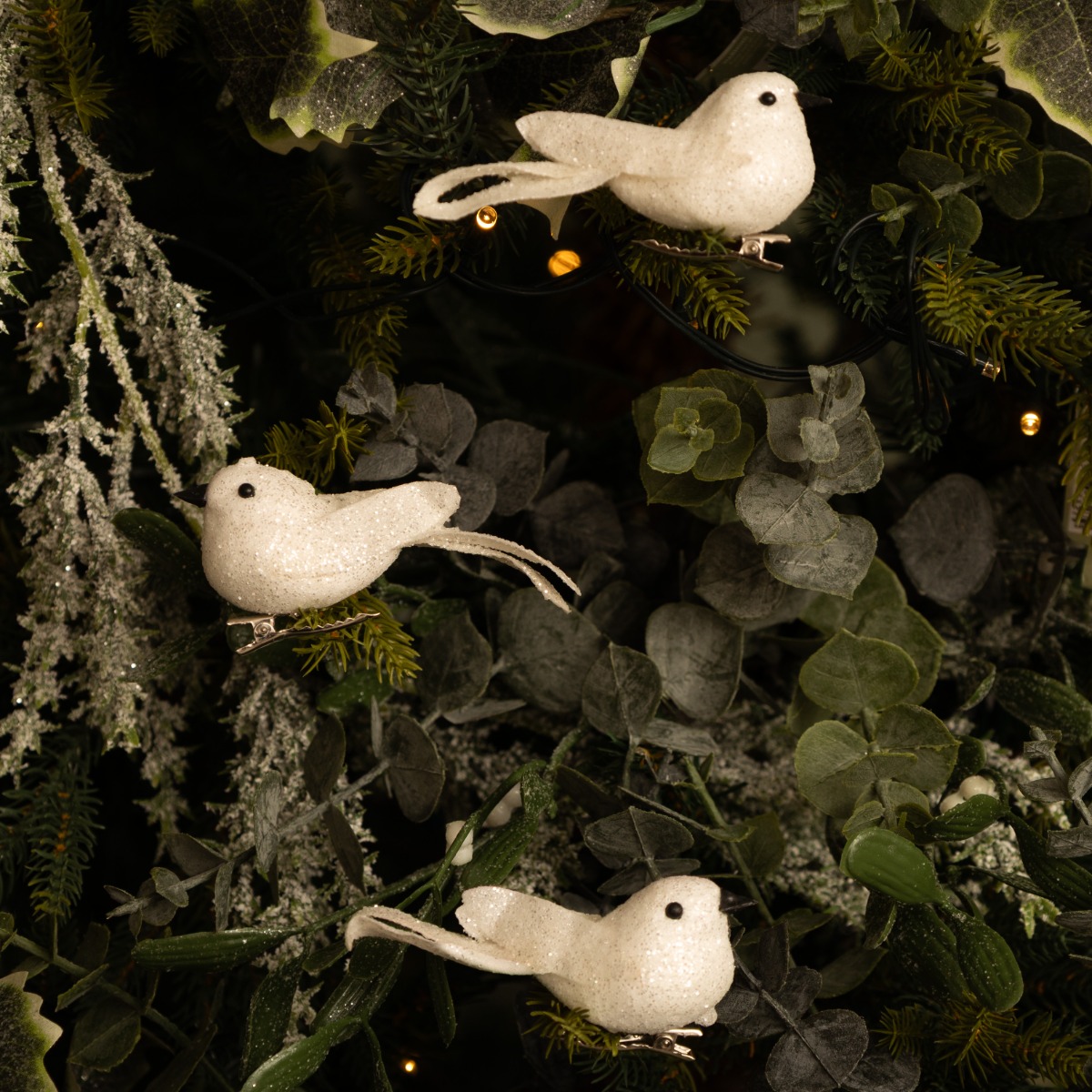 White Glitter Clip On Robins - Christmas Tree Decoration - Pack of 3