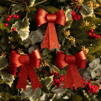 Red Glitter Clip On Bow - Pack of 3 - Christmas Decoration
