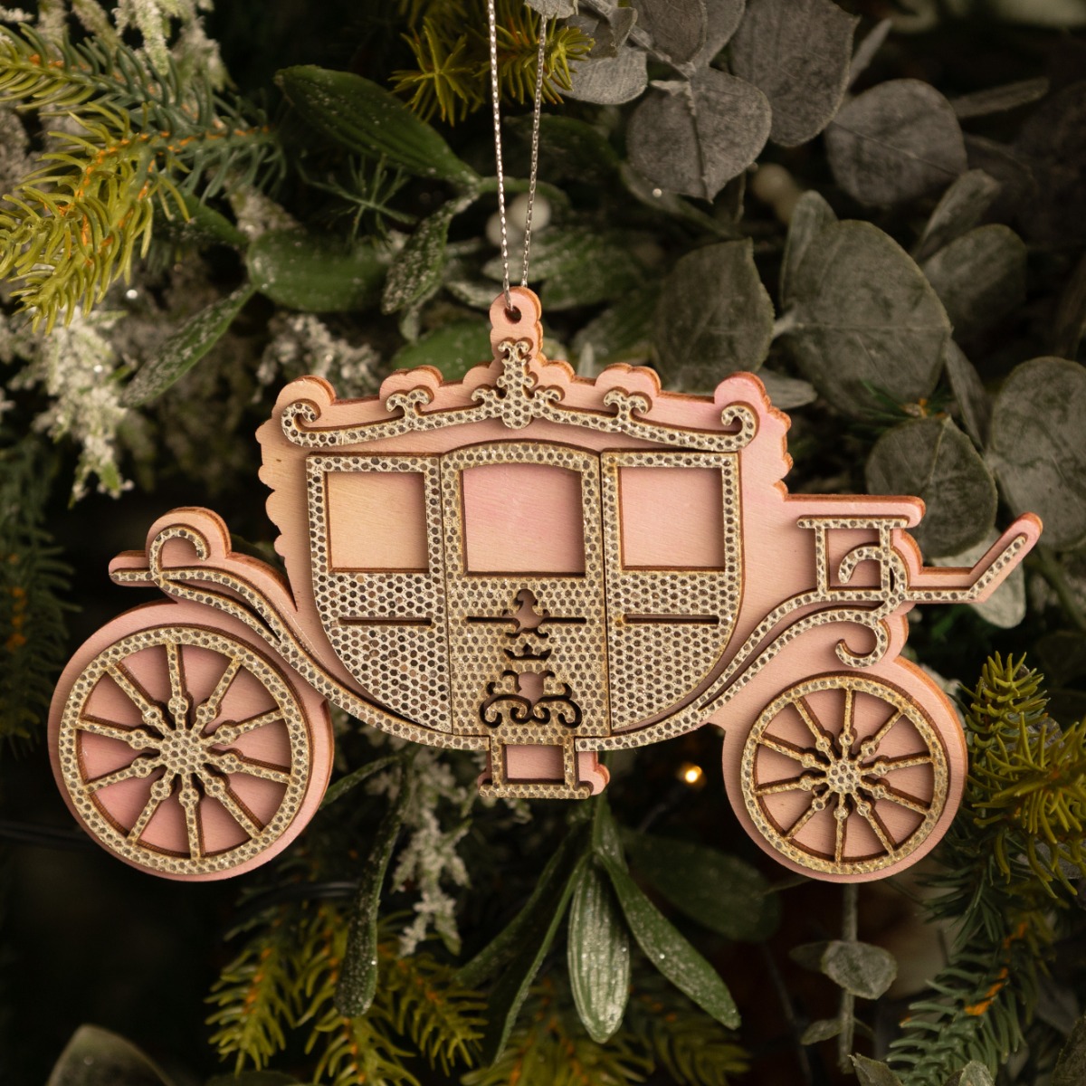 Blush Pink And Silver Wooden Carriage - Christmas Tree Decoration