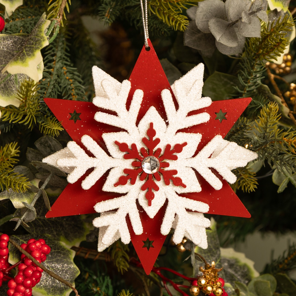 Red And White Wooden Snowflake - Christmas Tree Decoration