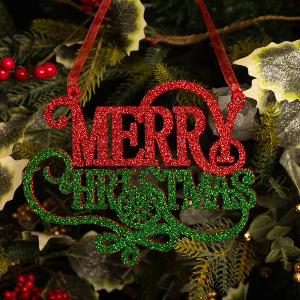 Hanging Red And Green 'Merry Christmas' - Christmas Tree Decoration