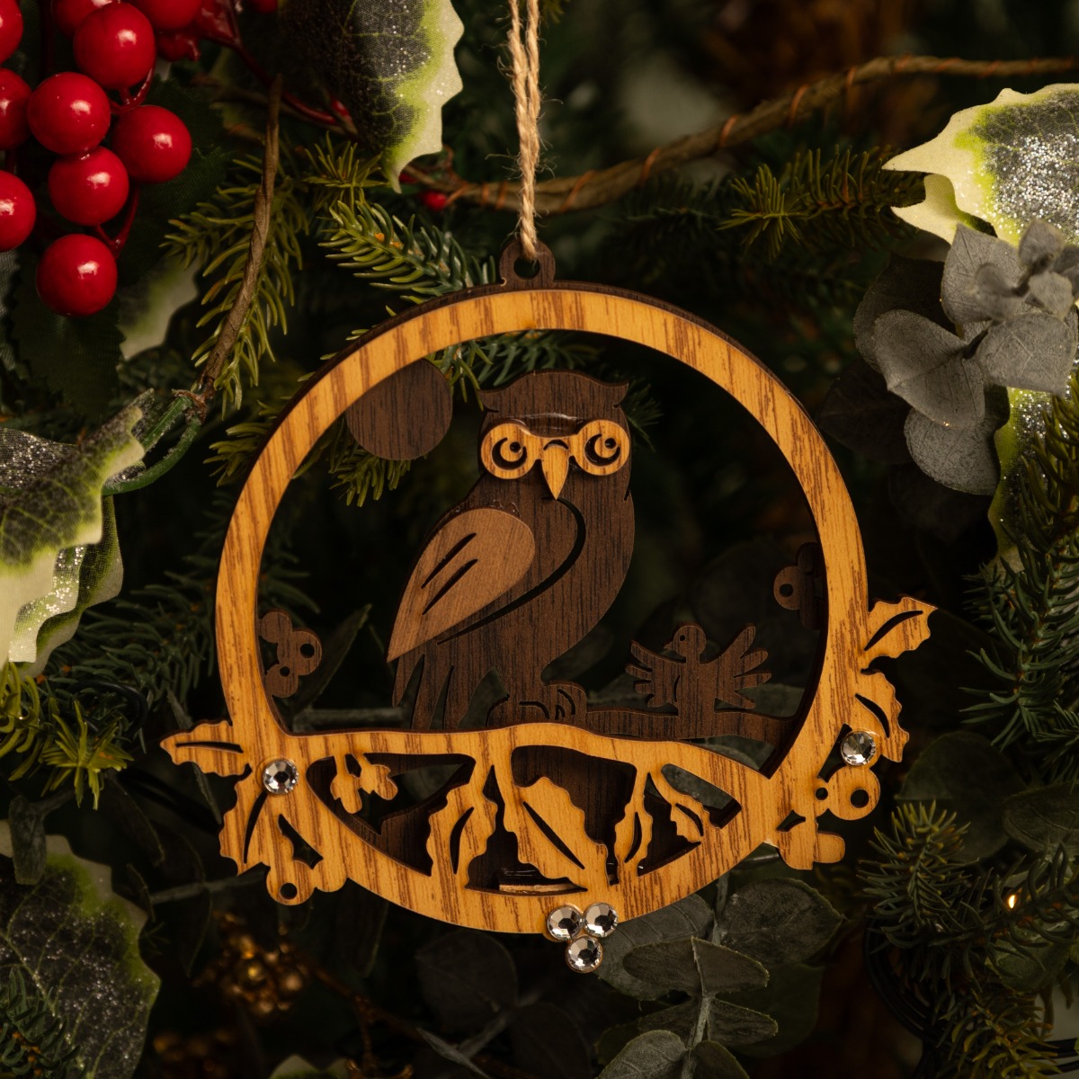 Wooden Laser Cut Owl in Circle - Christmas Tree Decoration