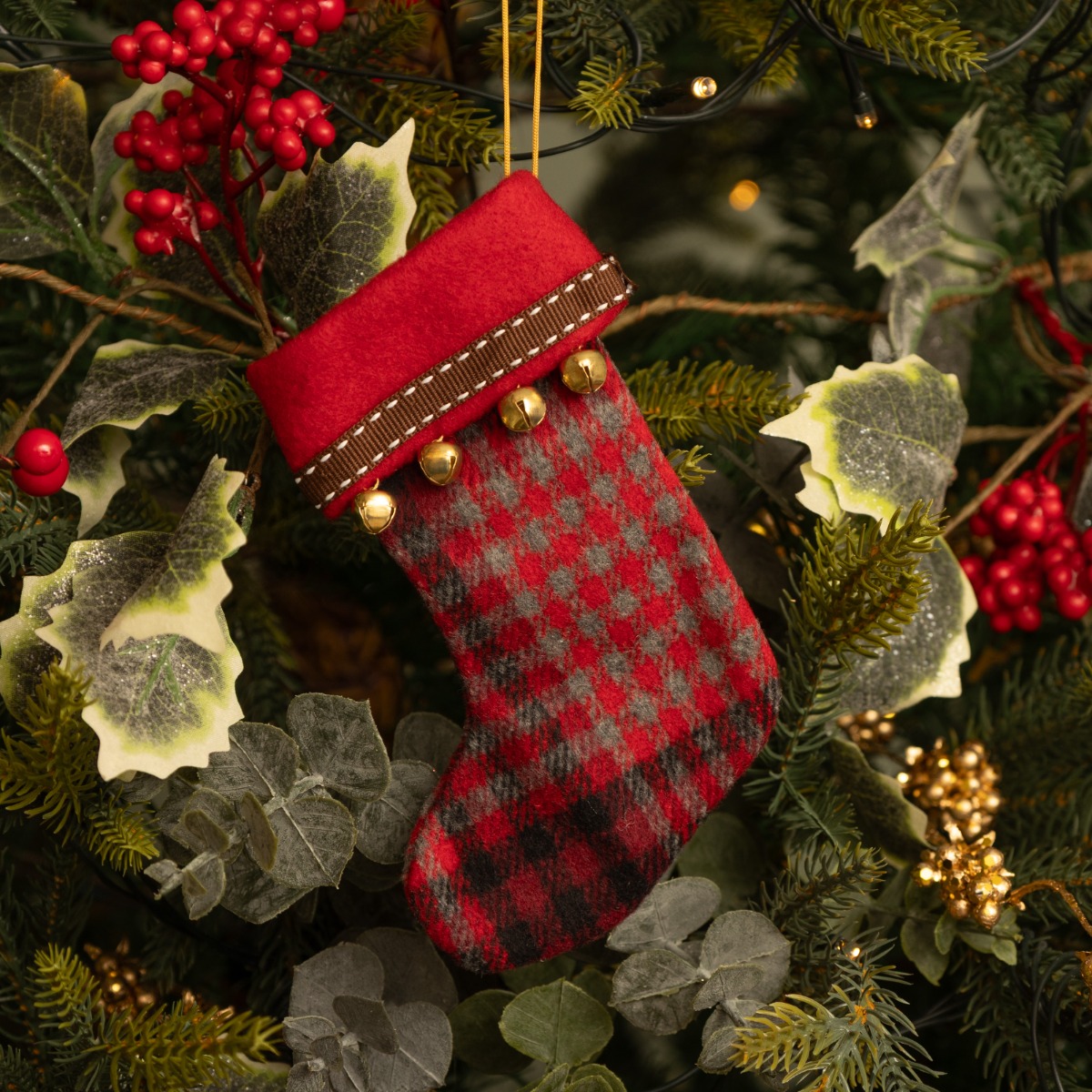Red Tartan Stocking With Bell - Christmas Stocking