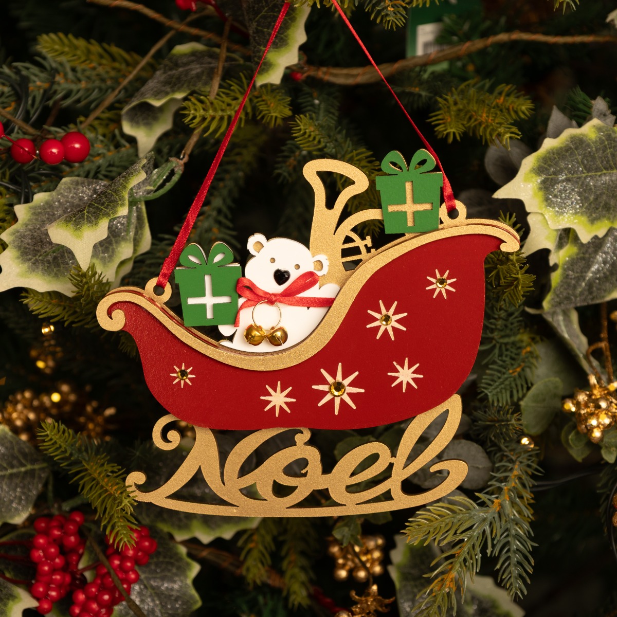 Wooden Polar Bear in Red Sleigh - Christmas Tree Decoration