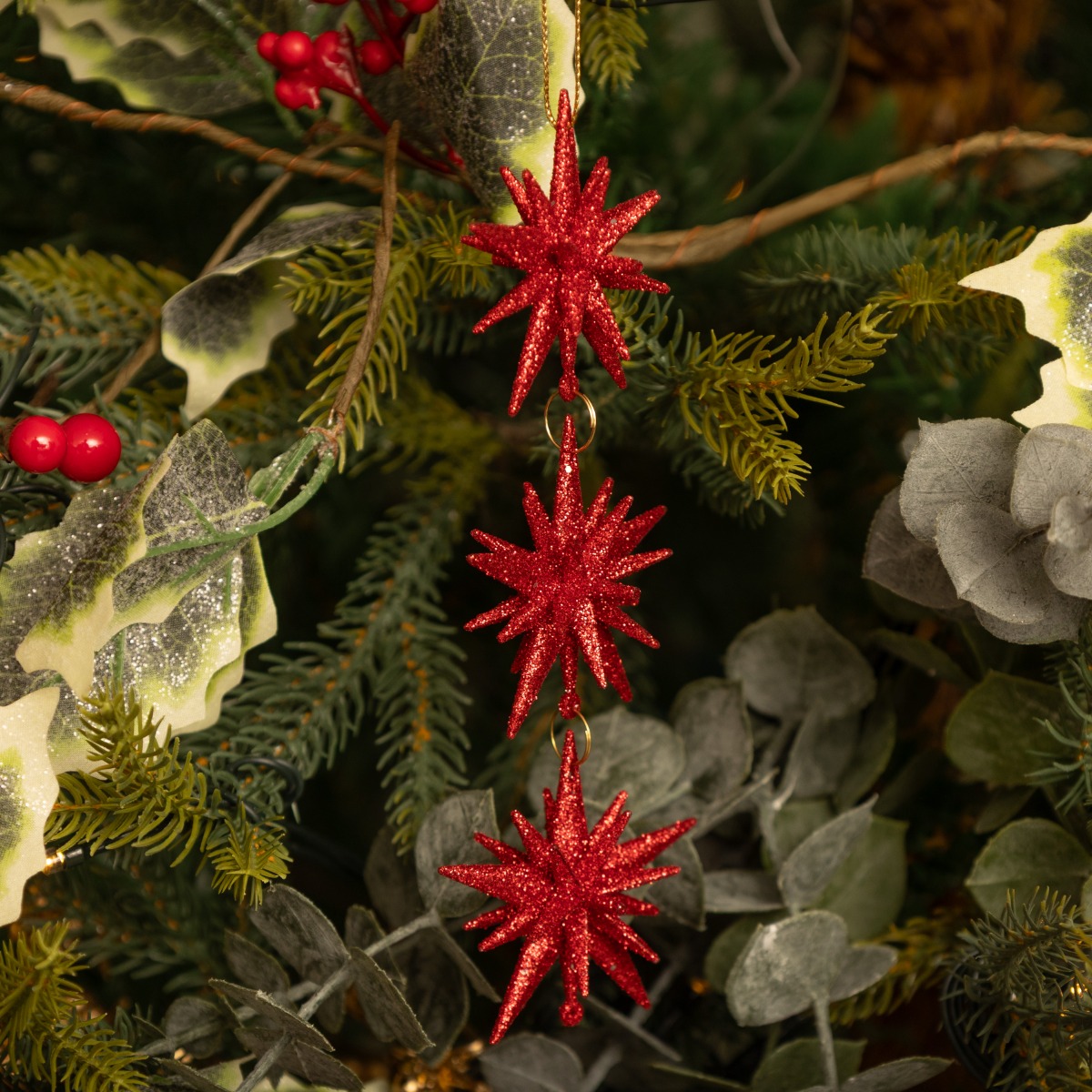 Red Glitter Three Starburst - Christmas Tree Decoration