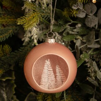 Pastel Pink Glass Bauble With Tree Scene - Christmas Tree Decoration - 8cm