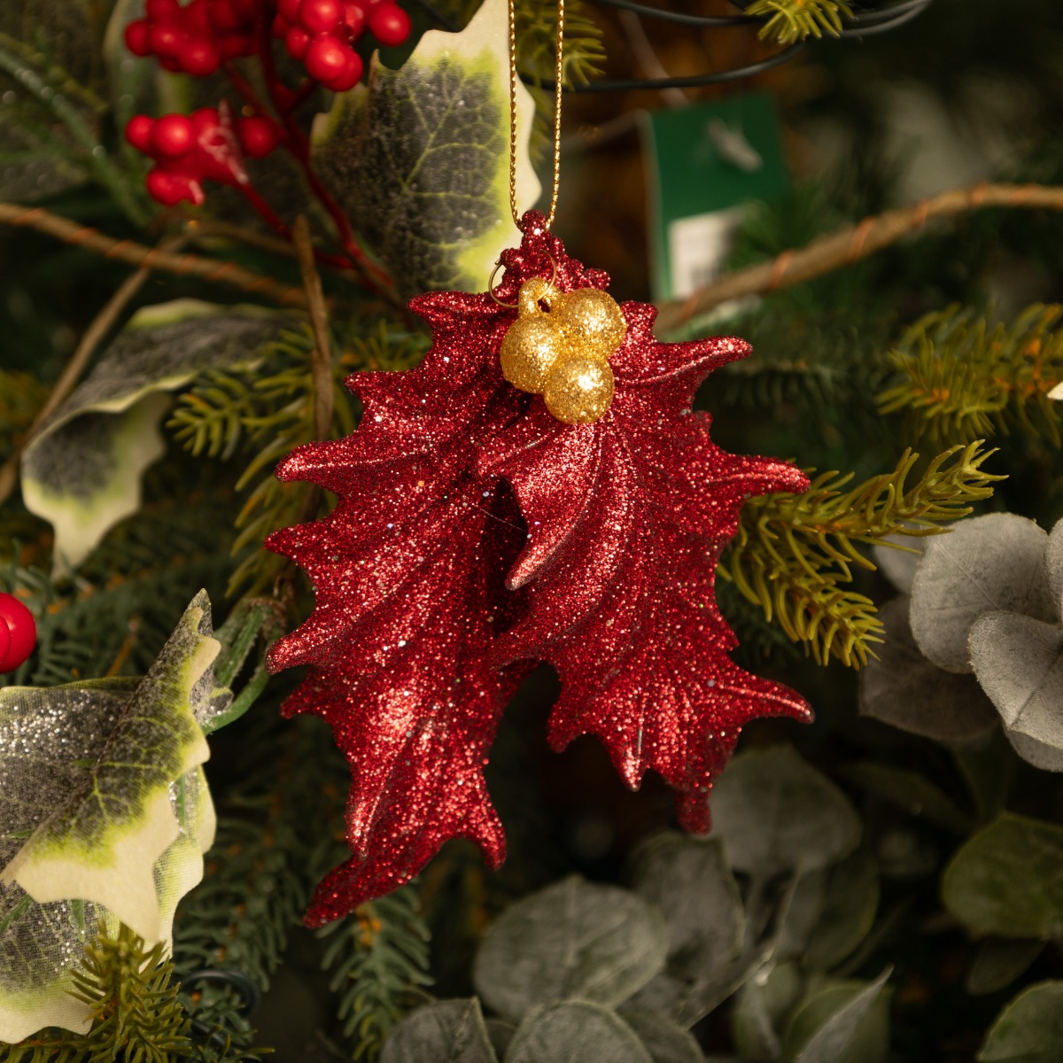 Burgundy Leaves With Gold Berries - Christmas Tree Decoration