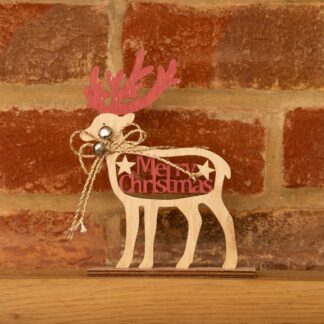 Wooden Natural And Red Merry Christmas Reindeer - Christmas Decoration