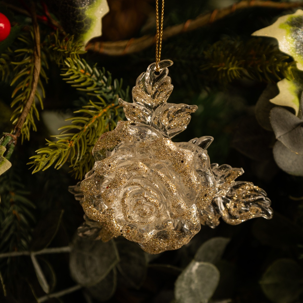 Clear With Gold Glitter Rose - Christmas Tree Decoration