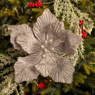 Silver Velvet Magnolia Stem - Christmas Floristry Decoration - Approx 40cm