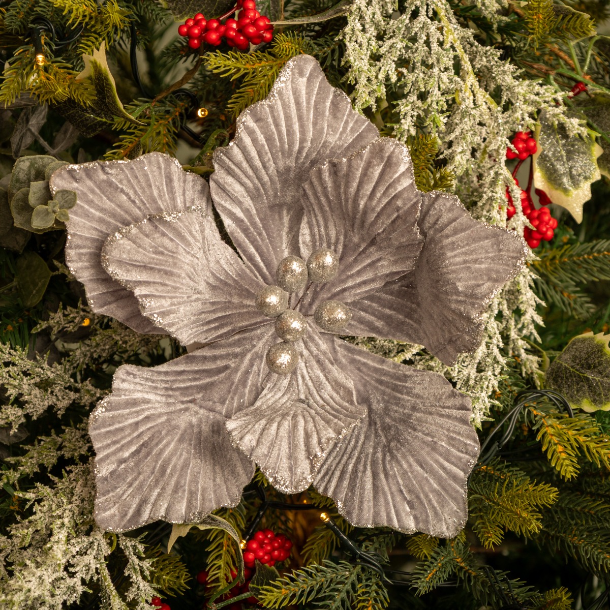 Silver Velvet Magnolia Stem - Christmas Floristry Decoration - Approx 40cm