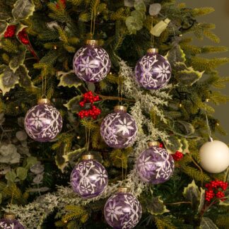 Lilac Glitter Flower Baubles - Christmas Tree Decoration - Pack of 12