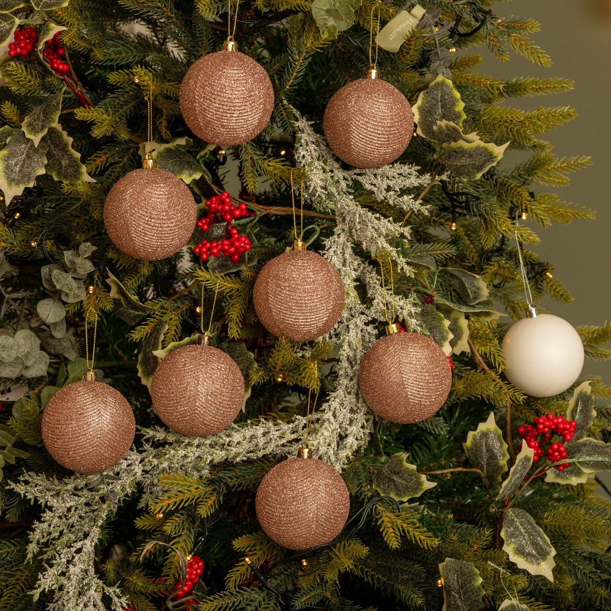 Rose Gold Glitter Baubles - Christmas Tree Decoration - Pack of 12
